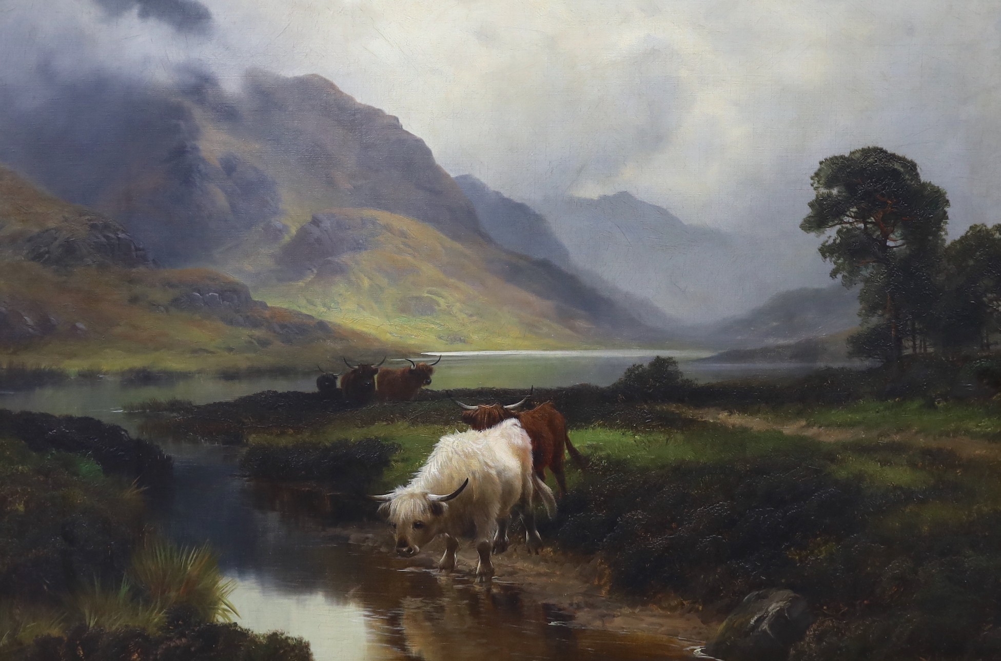 Henry R. Hall (1859-1927), oil on canvas, 'Highland Cattle, Loch Lomond from Enrich Water, signed, 60 x 90cm